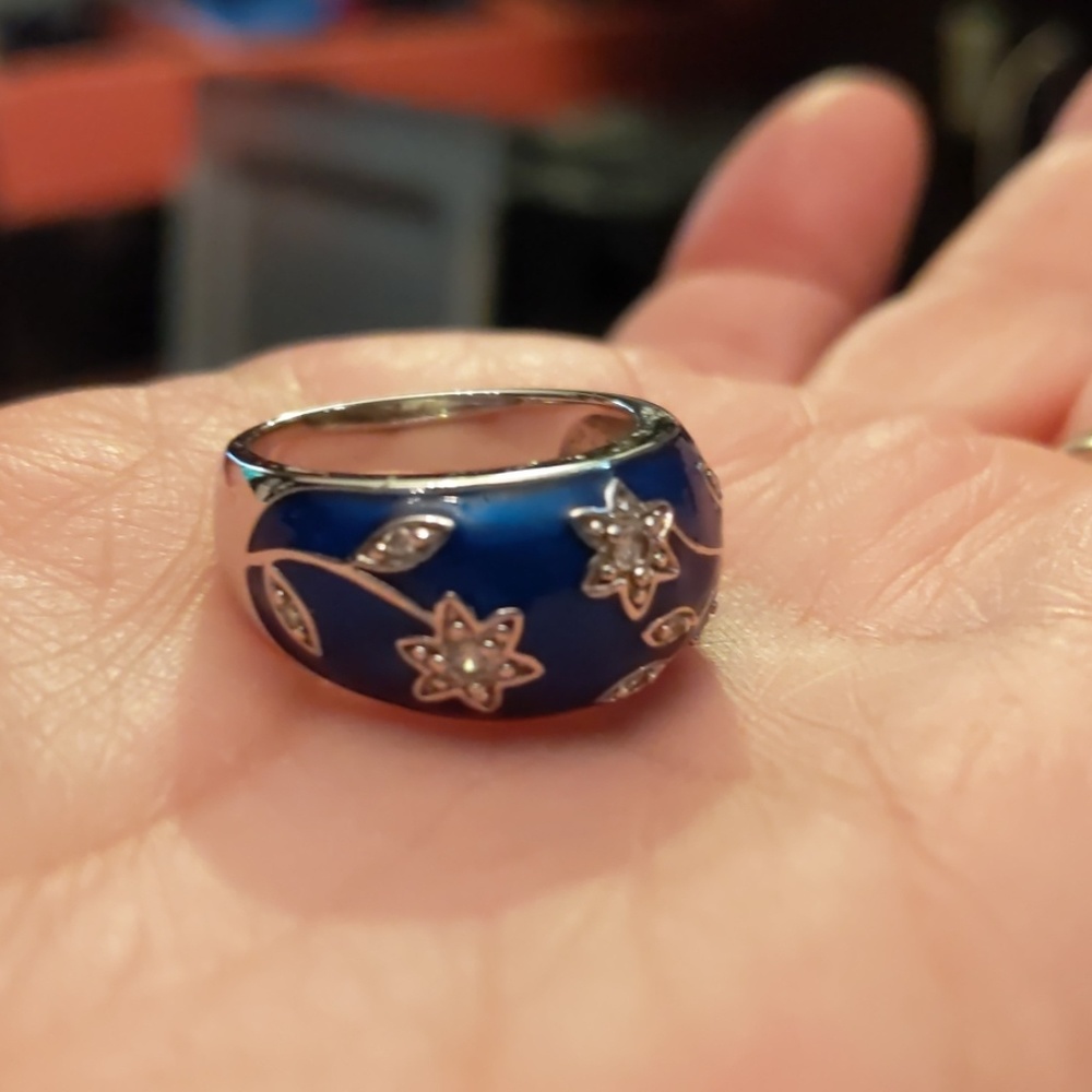 Silver 925 Blue Enamel Flower Ring size 7